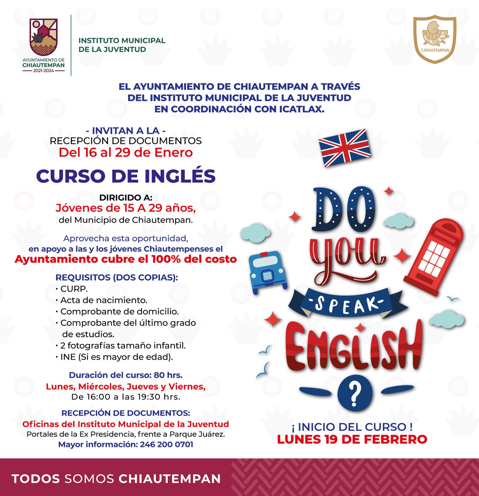 El Ayuntamiento de Chiautempan invita a los jóvenes al curso de inglés impartido por el Icatlax